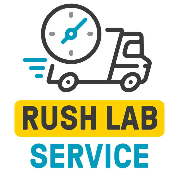 A logo depicting a delivery truck with a clock symbolizing quick delivery service, accompanied by the text "Rush Lab Service: Fast, Reliable, Yours in 4 Days!".