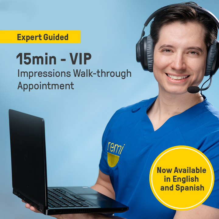 A smiling person wearing a headset and a blue medical uniform holding a laptop, with text advertising a 15-minute VIP WALK-THROUGH APPOINTMENT now available in English for the custom night guard process.