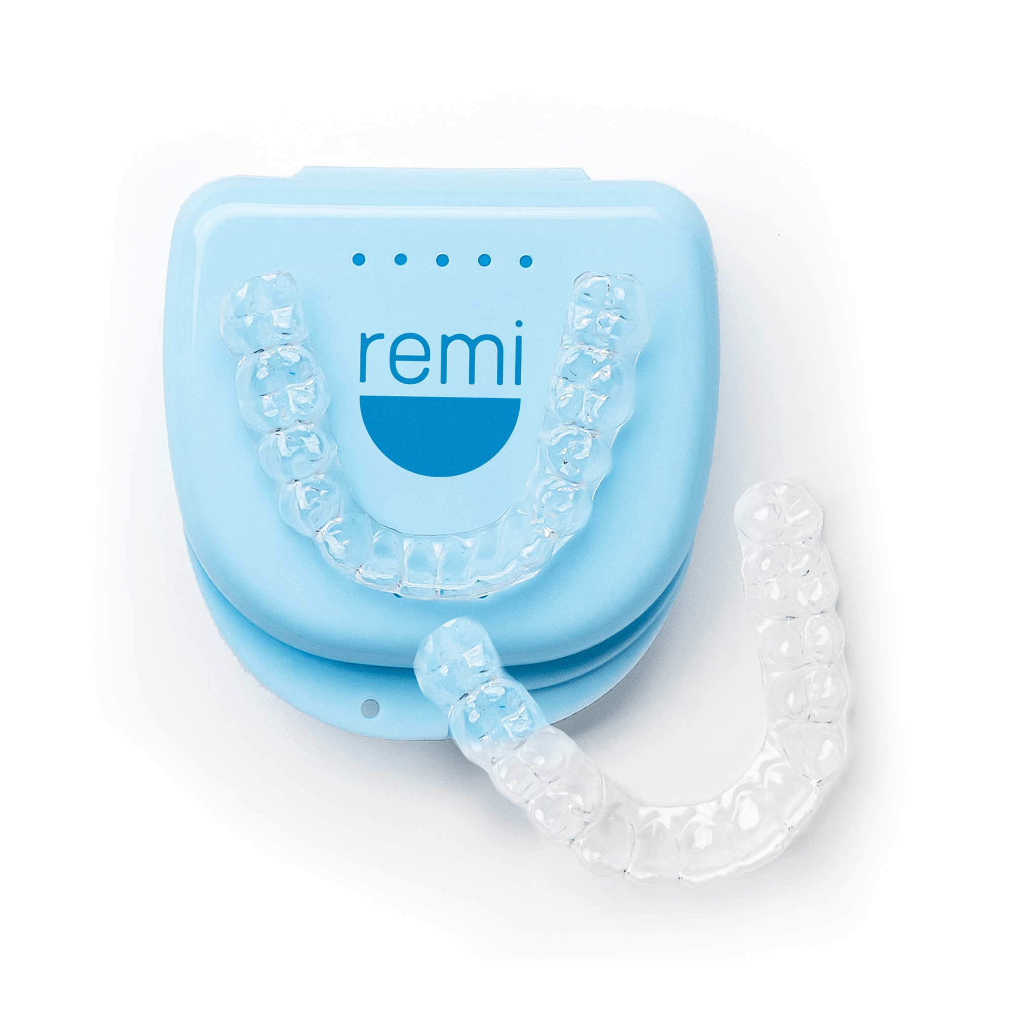 Custom clear teeth aligners and custom night guard in a blue case with the brand name "Rush Lab Service" displayed on the lid.