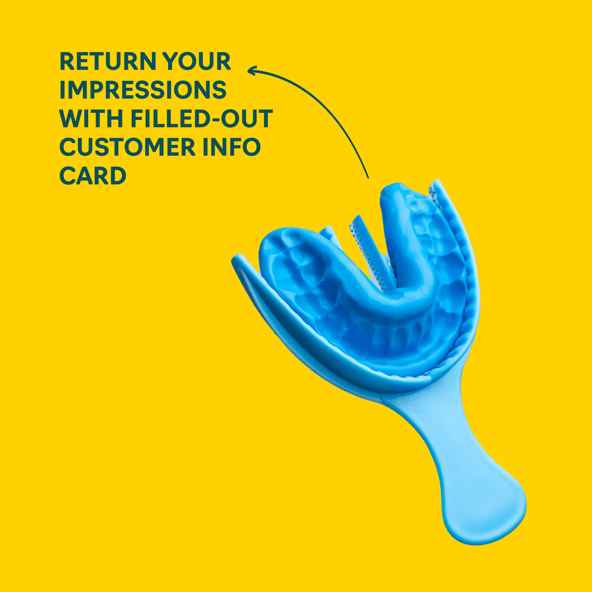 Blue dental impression tray with material on a Rush Lab Service night guard yellow background, featuring text about returning a completed customer information card.