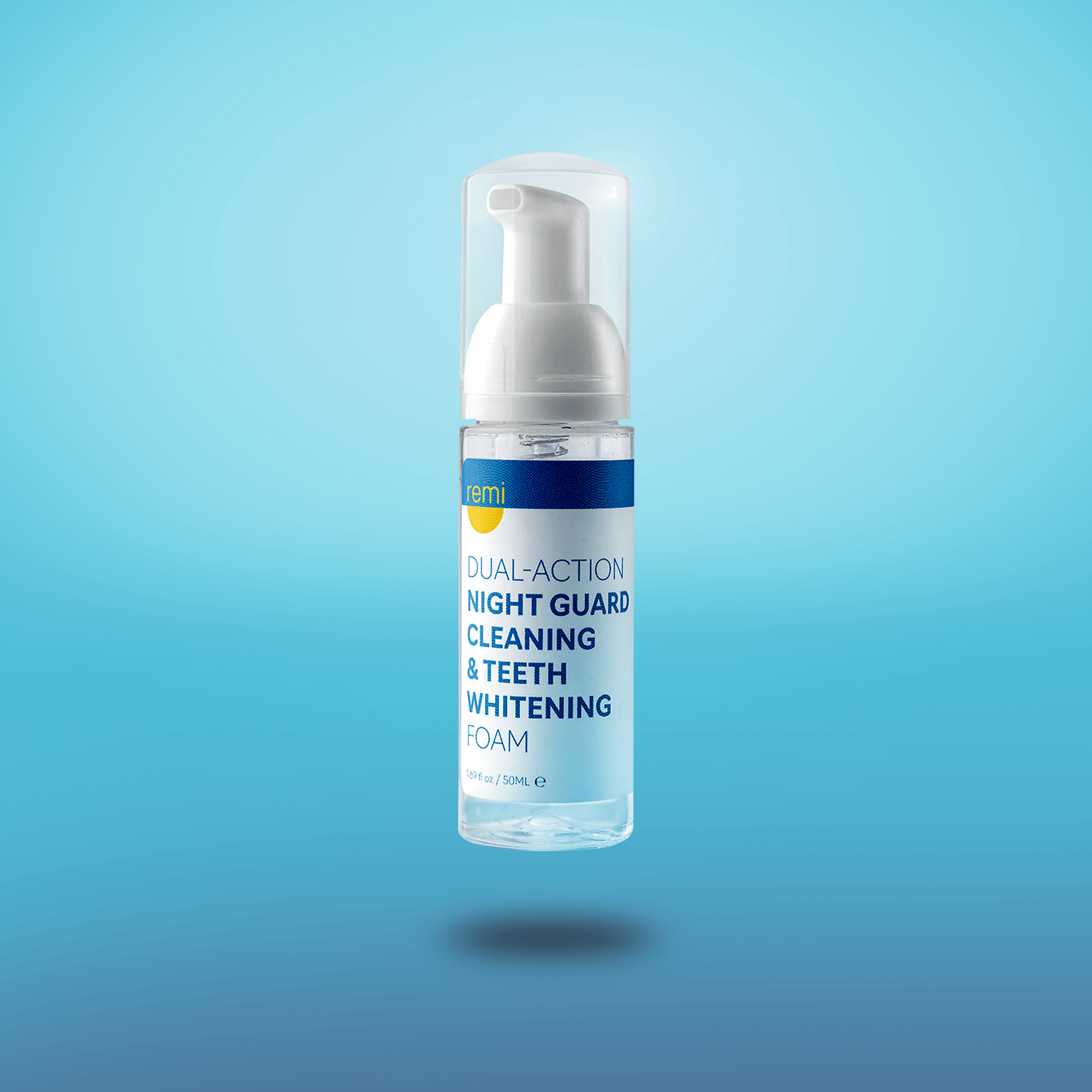 A bottle of Night Guard Cleaning + Teeth Whitening Foam on a blue background.