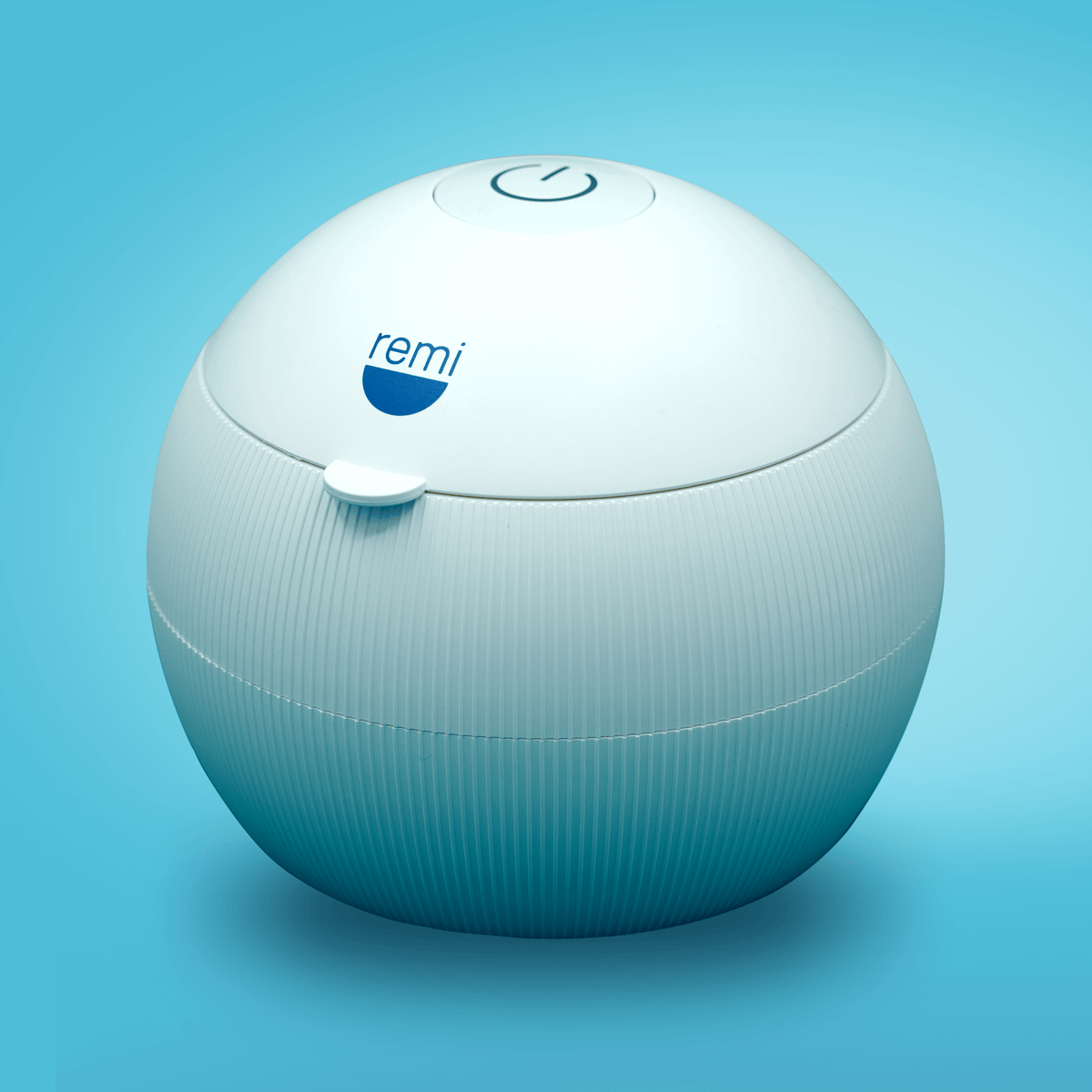 Egg-shaped Ultrasonic Cleaning &amp; Sanitizing Device with a power button on top and &quot;remi&quot; branding.