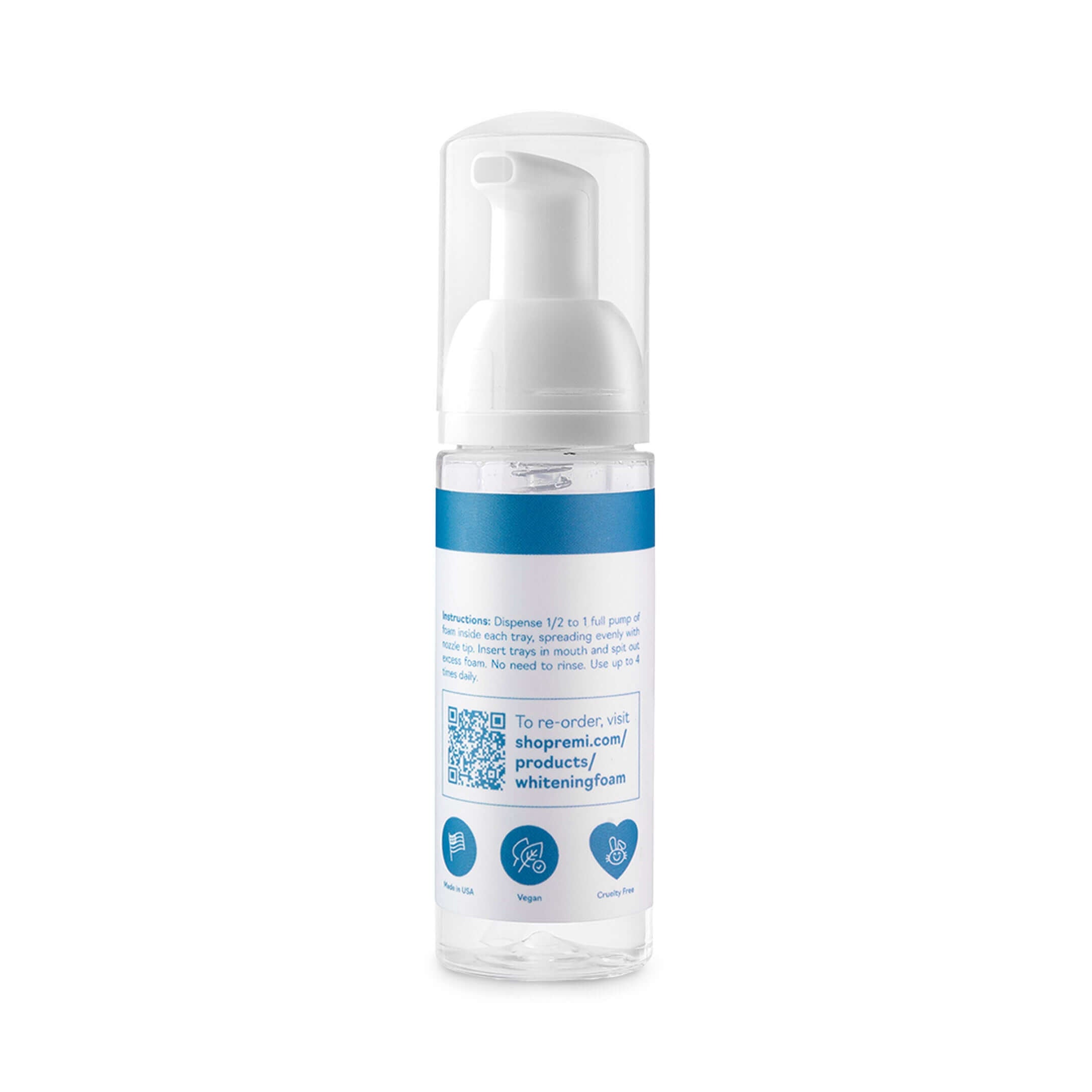 A white and blue dispenser bottle with a foam pump. The label includes usage instructions and features a QR code for re-ordering. Bottom icons show it is vegan, cruelty-free, and recyclable—perfect for maintaining your Night Guard Cleaning + Teeth Whitening Foam (Pack of 2) routine.