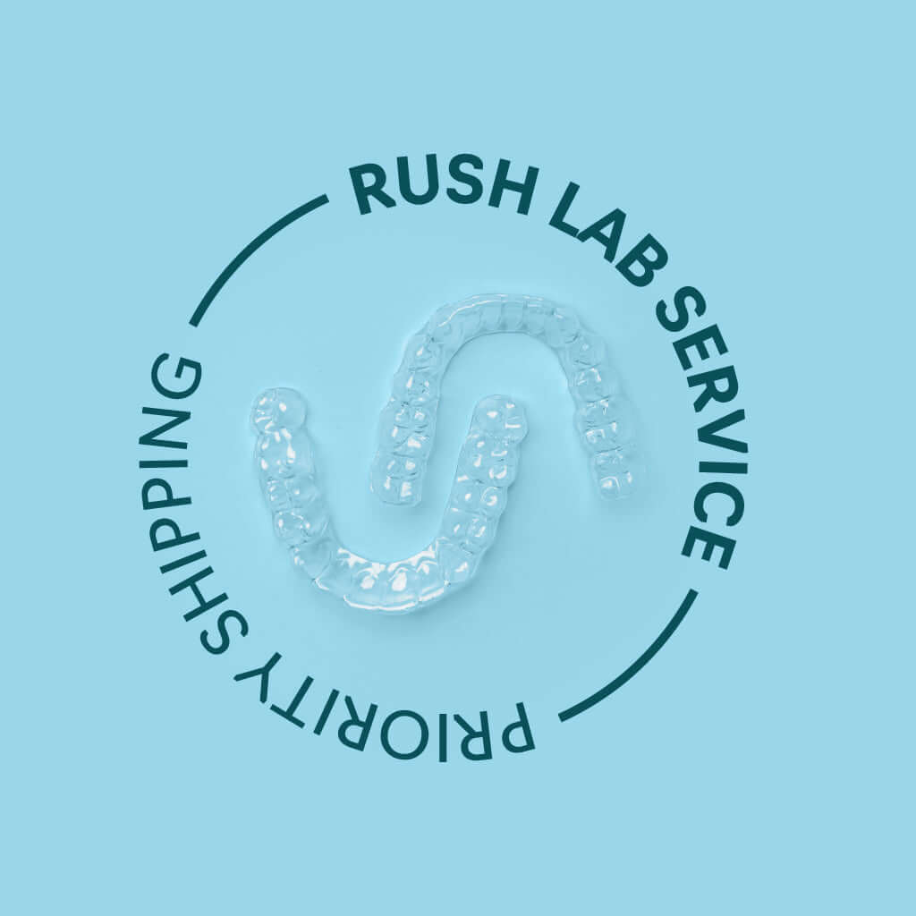 A transparent dental aligner with bubbles on a blue background, encircled by the text &quot;Rush Lab Service: Fast, Reliable, Yours in 4 Days! priority shipping, expedited production.