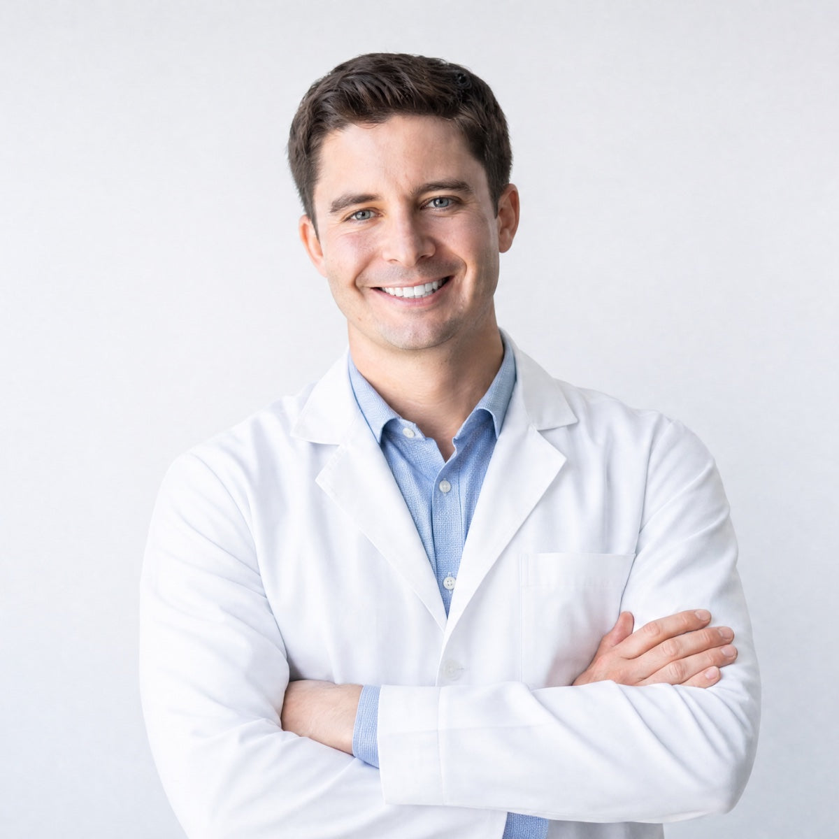 A smiling man in a white coat standing with his arms crossed.